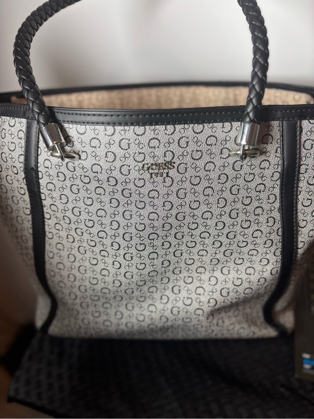 Guess Monogram Tote with Black Trim and Cream Canvas